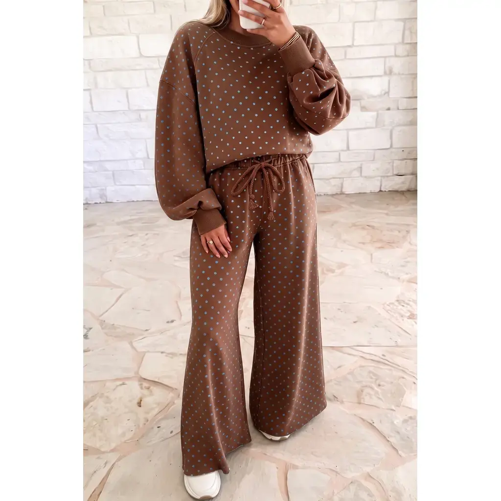 Brown Polka Dot Drawstring Wide Leg Long Sleeve Top Pant Set