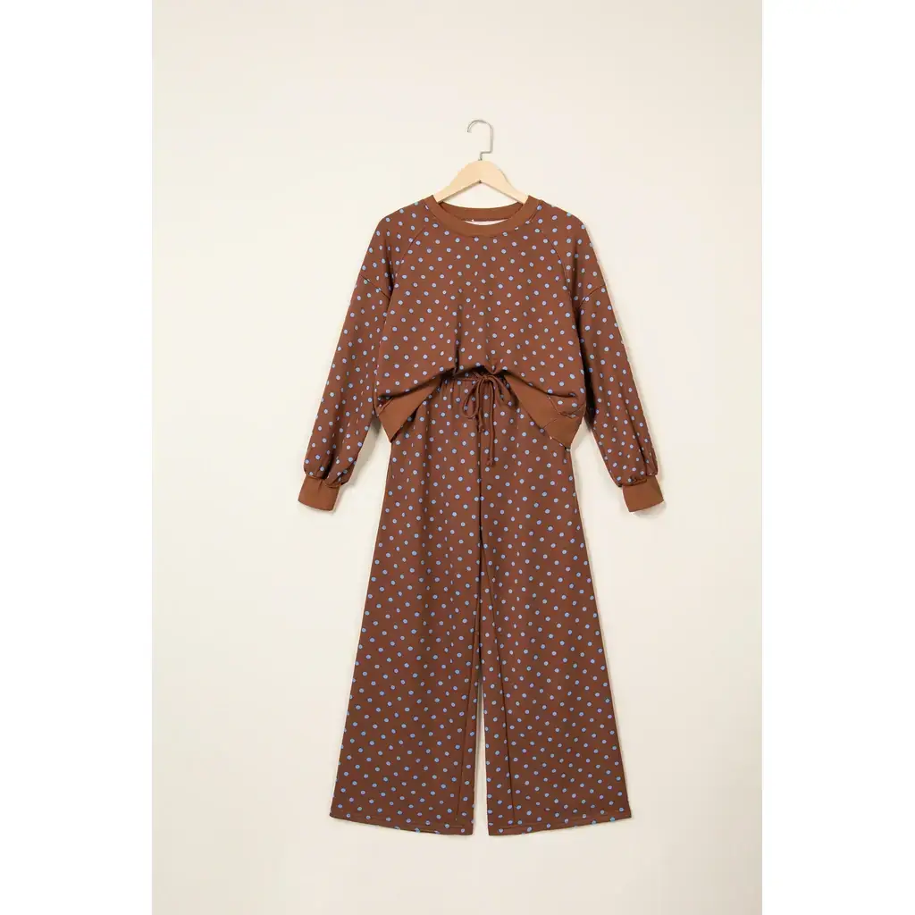 Brown Polka Dot Drawstring Wide Leg Long Sleeve Top Pant Set - Image 2
