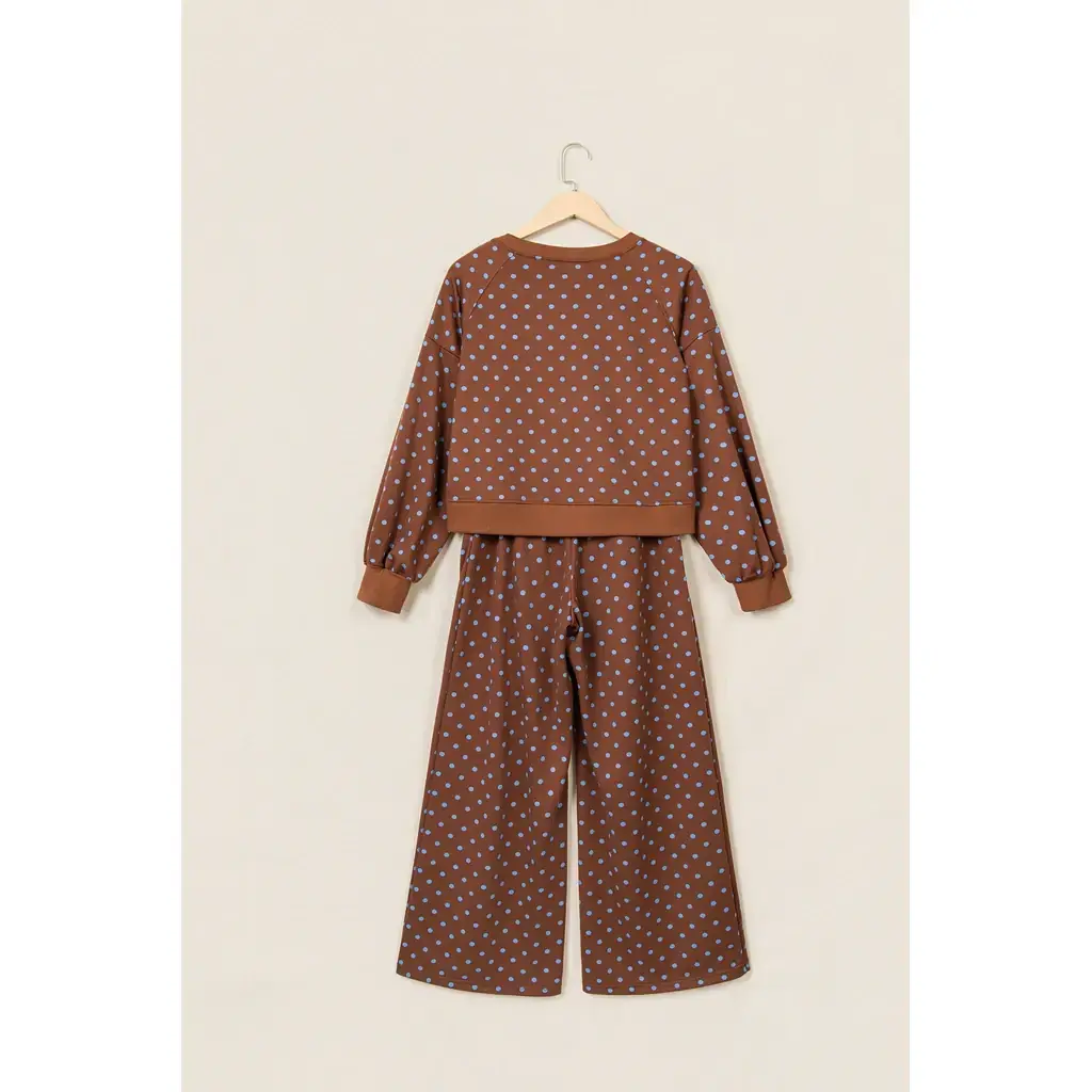 Brown Polka Dot Drawstring Wide Leg Long Sleeve Top Pant Set - Image 3