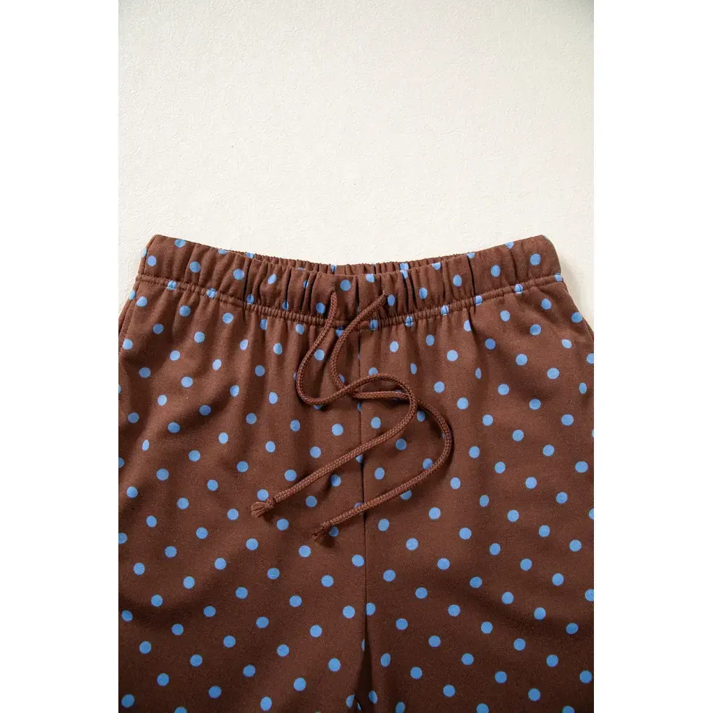 Brown Polka Dot Drawstring Wide Leg Long Sleeve Top Pant Set - Image 10