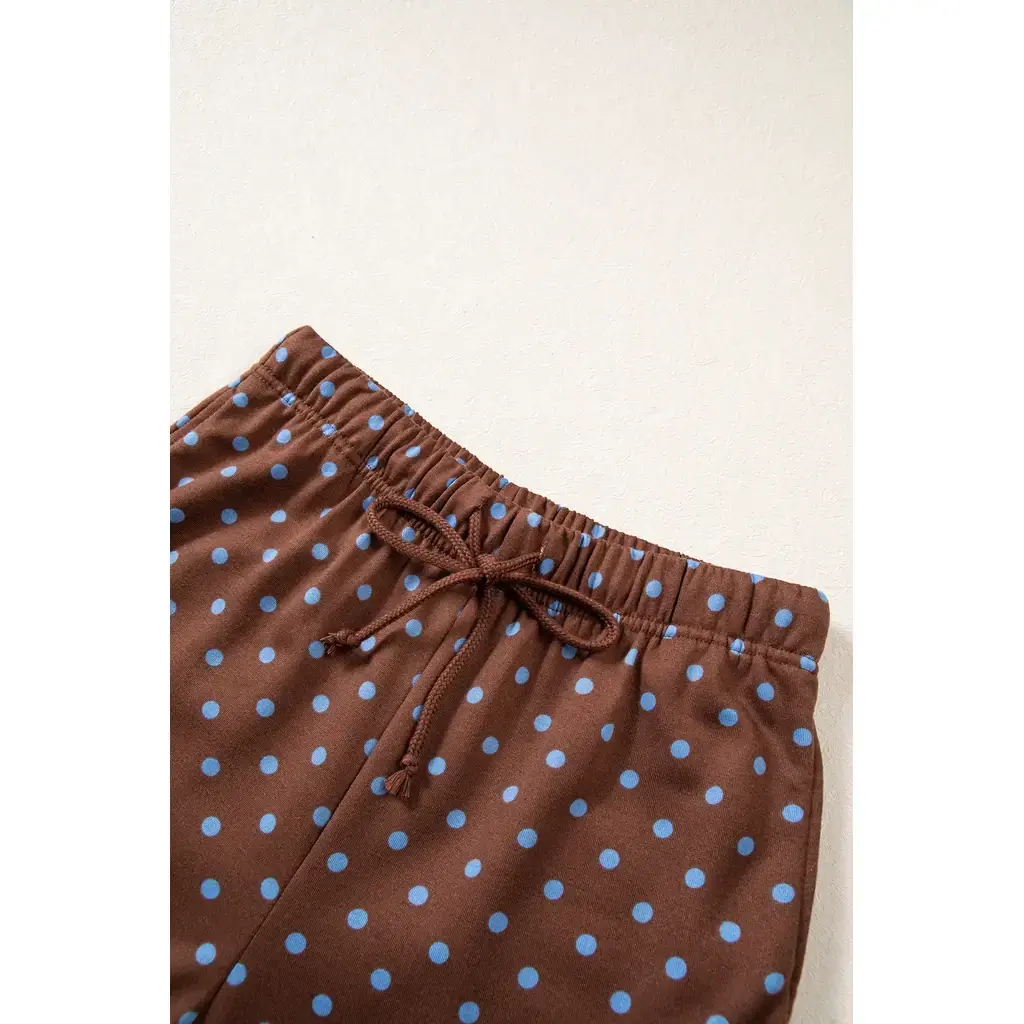 Brown Polka Dot Drawstring Wide Leg Long Sleeve Top Pant Set - Image 11