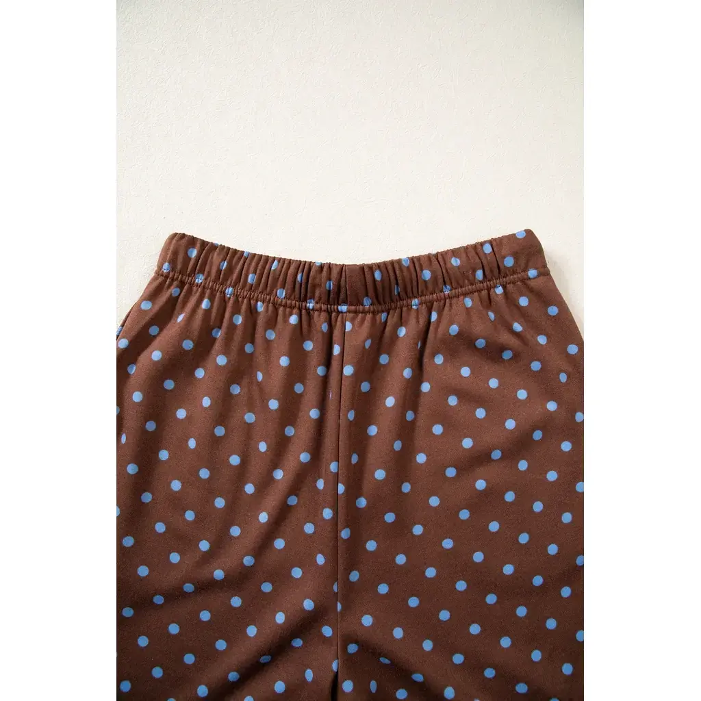 Brown Polka Dot Drawstring Wide Leg Long Sleeve Top Pant Set - Image 12