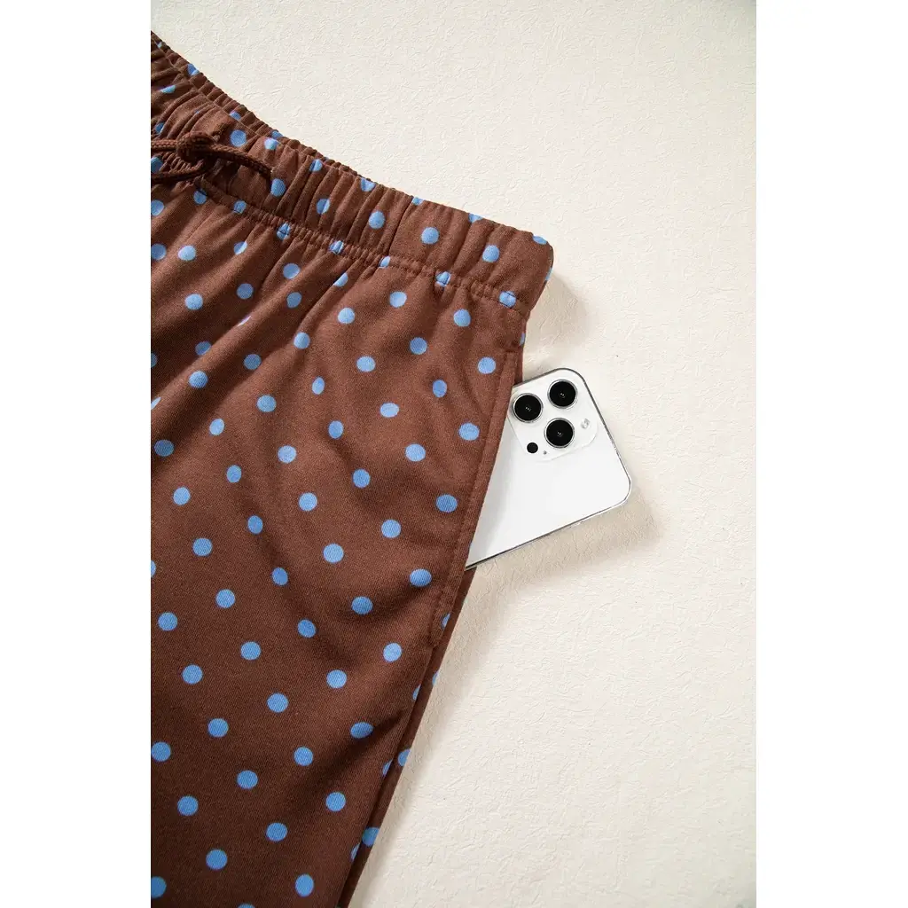 Brown Polka Dot Drawstring Wide Leg Long Sleeve Top Pant Set - Image 13