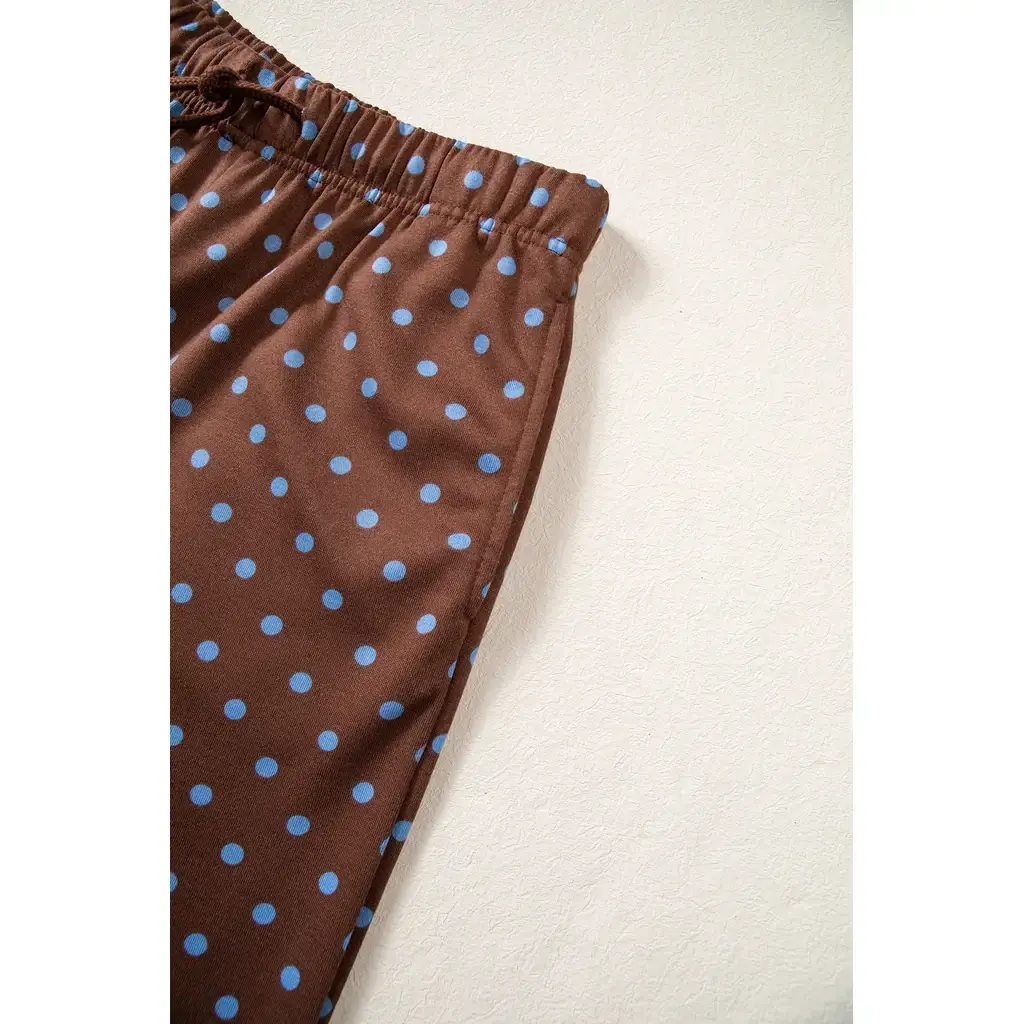 Brown Polka Dot Drawstring Wide Leg Long Sleeve Top Pant Set - Image 14