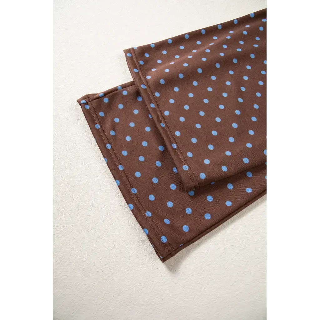 Brown Polka Dot Drawstring Wide Leg Long Sleeve Top Pant Set - Image 15