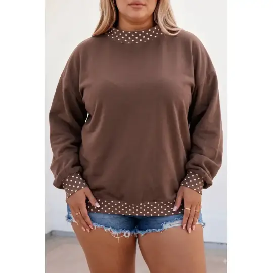 Brown Polka Dot Patchwork Round Neck Plus Size Sweatshirt