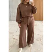 Brown Polka Dot Round Neck Long Sleeve Plus Size Set