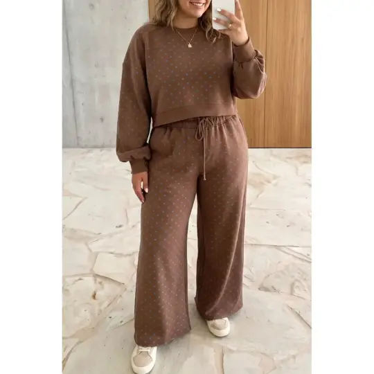 Brown Polka Dot Round Neck Long Sleeve Plus Size Set