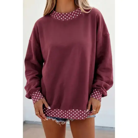 Burgundy Colorblock Polka Dot Contrast Trim Oversized Sweatshirt