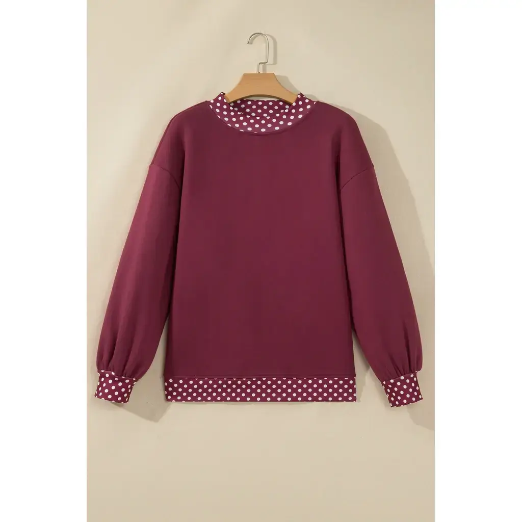 Burgundy Colorblock Polka Dot Contrast Trim Oversized Sweatshirt - Image 2