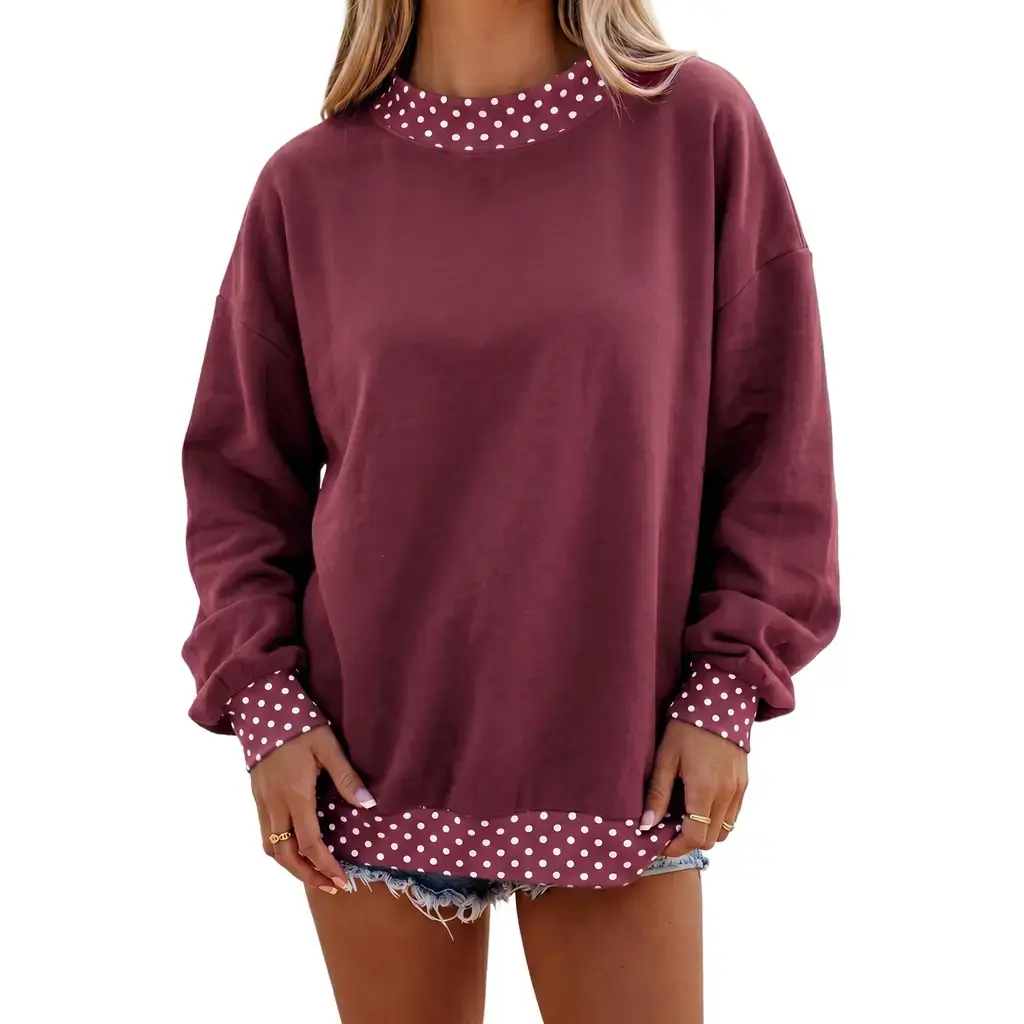 Burgundy Colorblock Polka Dot Contrast Trim Oversized Sweatshirt - Image 11