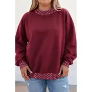 Burgundy Polka Dot Patchwork Round Neck Plus Size Sweatshirt