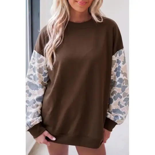 Coffee Camouflage Sleeve Crewneck Baggy Pullover Sweatshirt