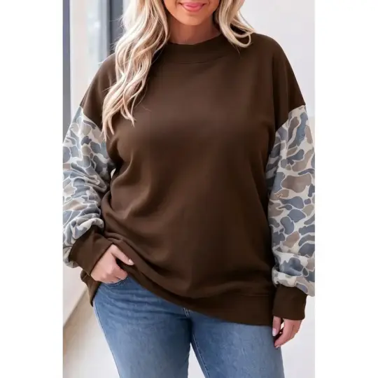 Coffee Mock Neck Camo Patchwork Drop Shoulder Plus Size Sweatshirt