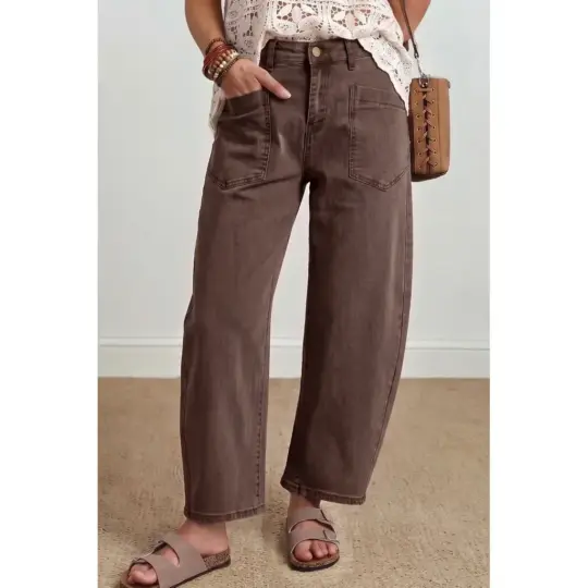 Coffee Solid Color Square Patch Pocket Ankle-length Barrel Jeans
