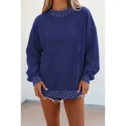 Dark Blue Colorblock Polka Dot Contrast Trim Oversized Sweatshirt