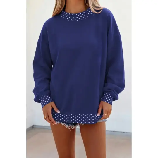 Dark Blue Colorblock Polka Dot Contrast Trim Oversized Sweatshirt
