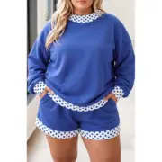 Dark Blue Polka Dot Patchwork Long Sleeve Plus Size Two-piece Outfits
