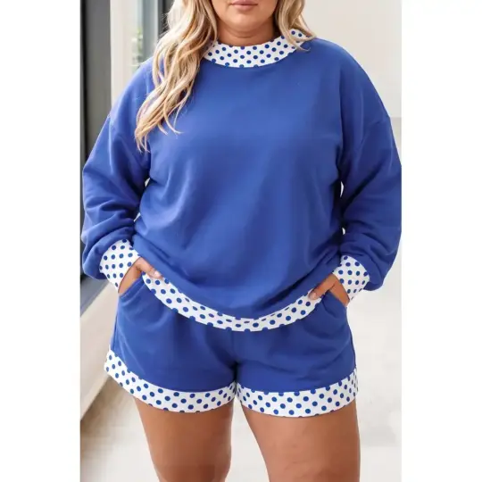 Dark Blue Polka Dot Patchwork Long Sleeve Plus Size Two-piece Outfits