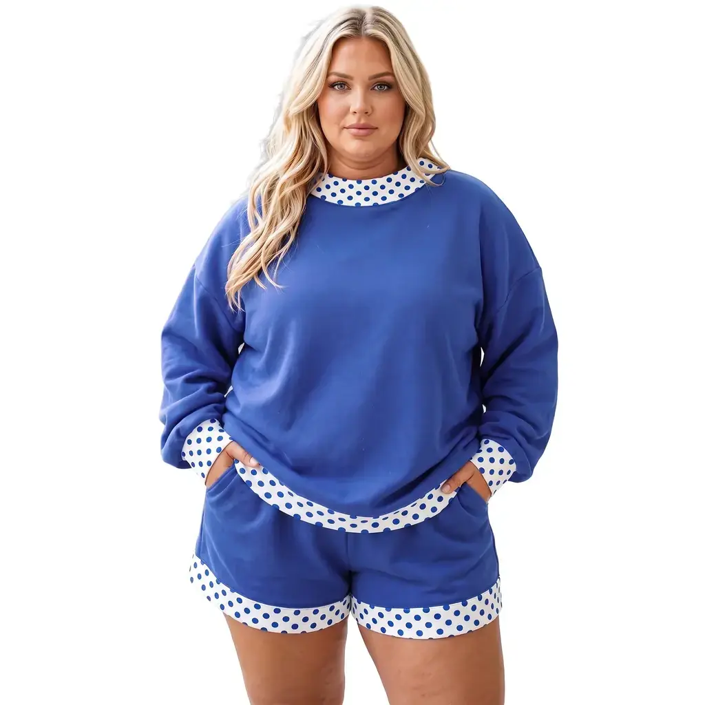 Dark Blue Polka Dot Patchwork Long Sleeve Plus Size Two-piece Outfits - Image 2
