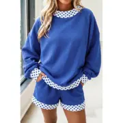 Dark Blue Polka Dot Trim Baggy Pullover 2pcs Short Set