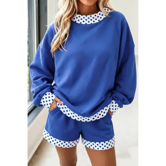 Dark Blue Polka Dot Trim Baggy Pullover 2pcs Short Set