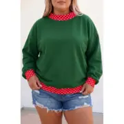 Dark Green Polka Dot Patchwork Round Neck Plus Size Sweatshirt