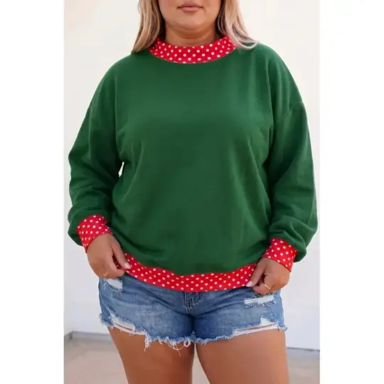 Dark Green Polka Dot Patchwork Round Neck Plus Size Sweatshirt