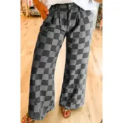 Dark Grey Checkered Denim Wide Leg Jeans