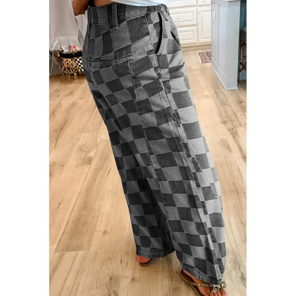 Dark Grey Checkered Denim Wide Leg Jeans - Image 2