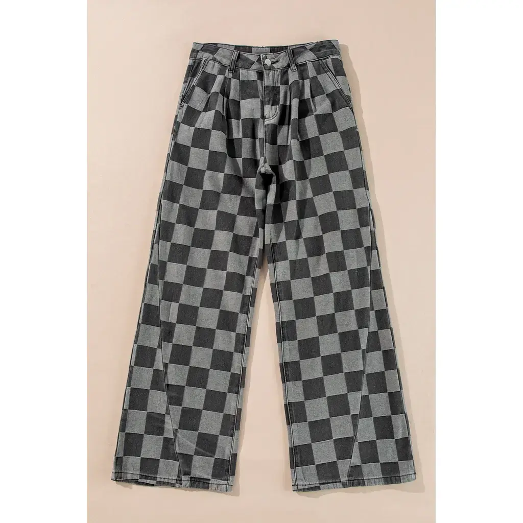 Dark Grey Checkered Denim Wide Leg Jeans - Image 3