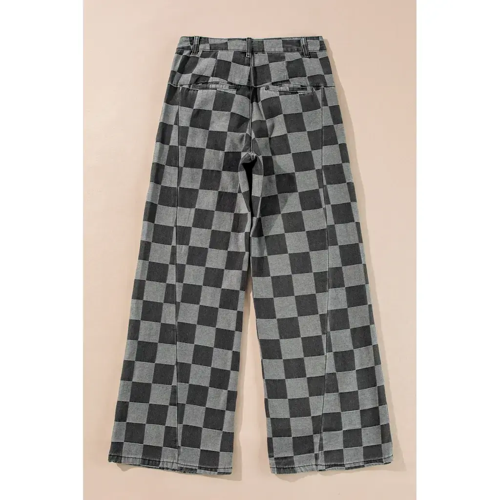 Dark Grey Checkered Denim Wide Leg Jeans - Image 4
