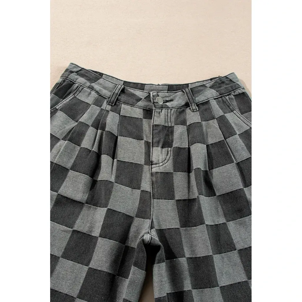 Dark Grey Checkered Denim Wide Leg Jeans - Image 5