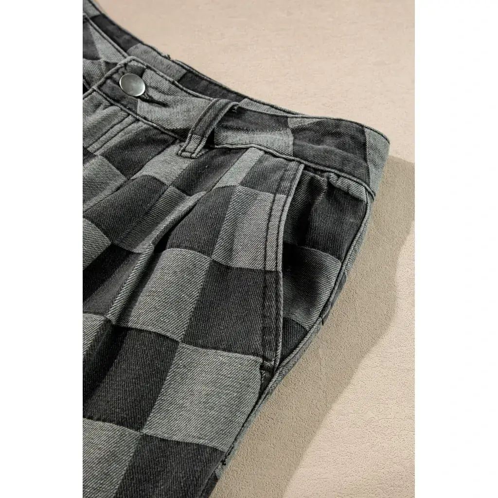 Dark Grey Checkered Denim Wide Leg Jeans - Image 6