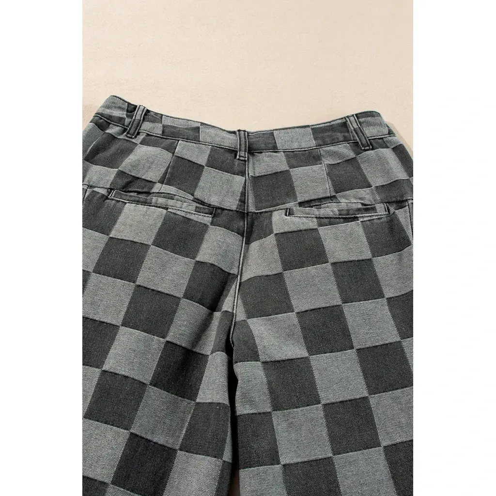 Dark Grey Checkered Denim Wide Leg Jeans - Image 8