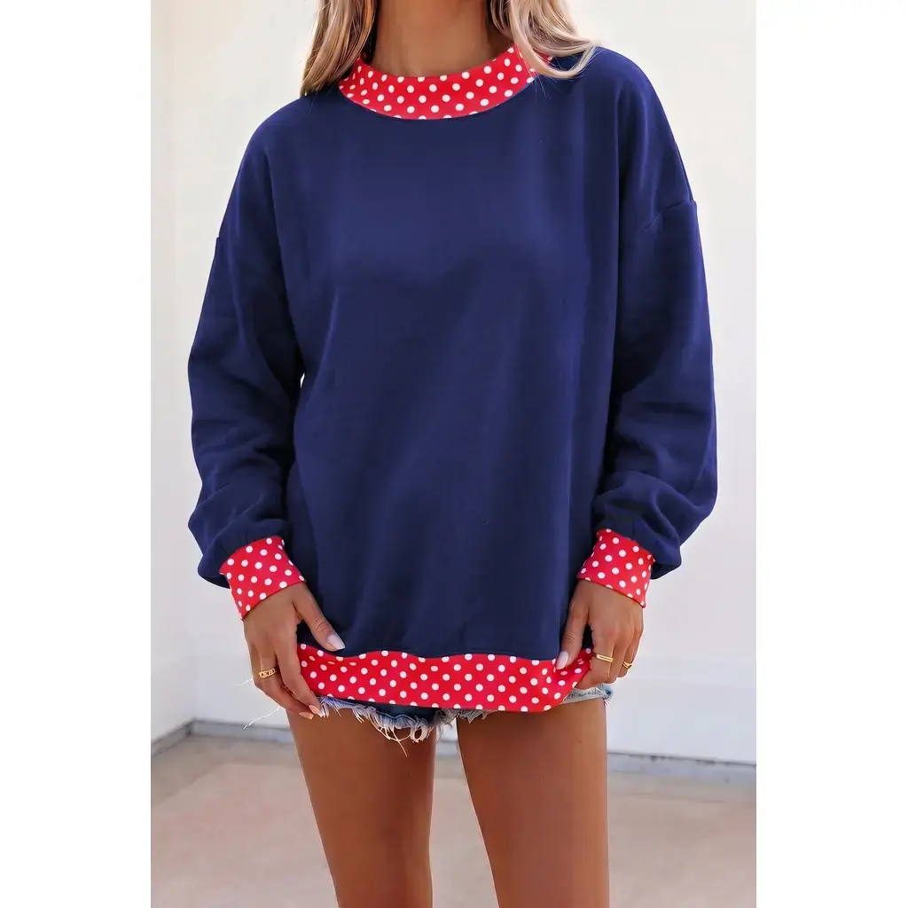 Dirty blue Colorblock Polka Dot Contrast Trim Oversized Sweatshirt