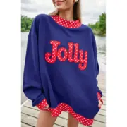 Dirty blue Polka Dot Letter Print Contrast Trim Mock Neck Sweatshirt
