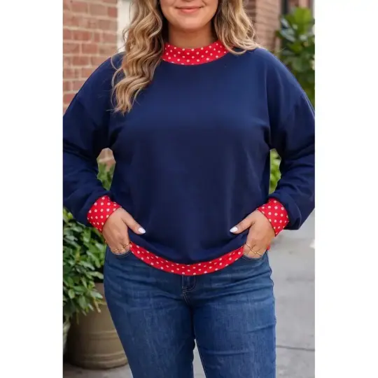 Dirty blue Polka Dot Patchwork Round Neck Plus Size Sweatshirt