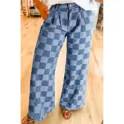 Dusk Blue Checkered Denim Wide Leg Jeans