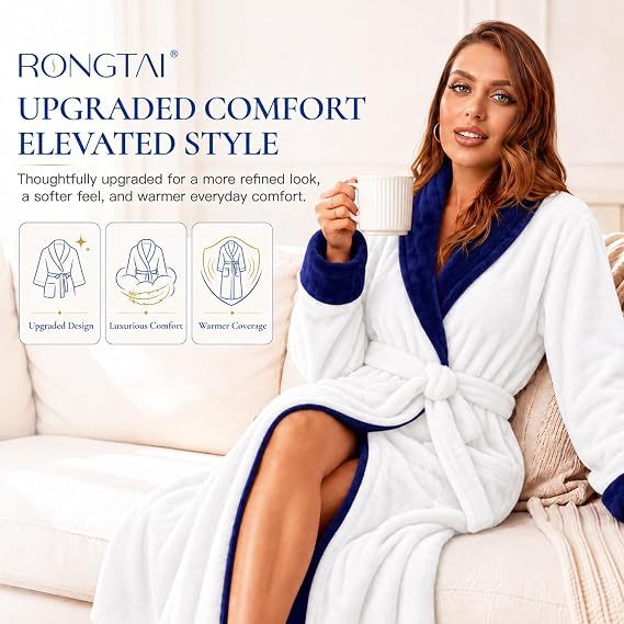 RONGTAI Plush Fleece Bathrobe For Women Long Robe With Two Side Pockets And Belt Warm And Cozy Fluffy Sleepwear Nightgown
