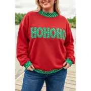 Fiery Red Casual Polka Dot Patchwork Letter Graphic Plus Size Sweatshirt
