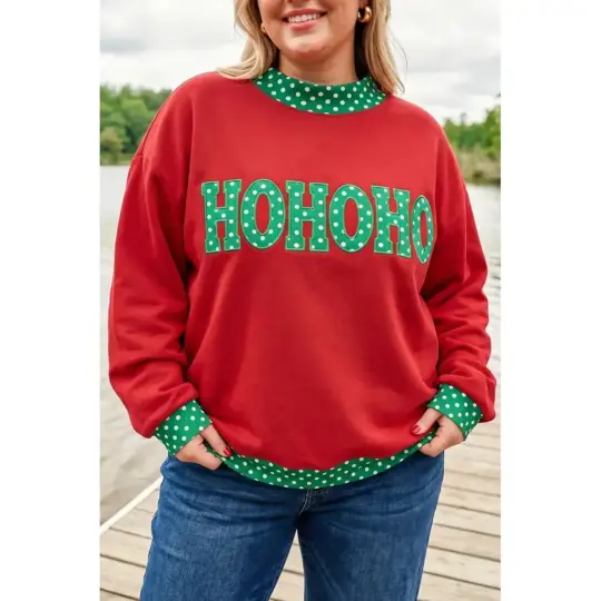 Fiery Red Casual Polka Dot Patchwork Letter Graphic Plus Size Sweatshirt