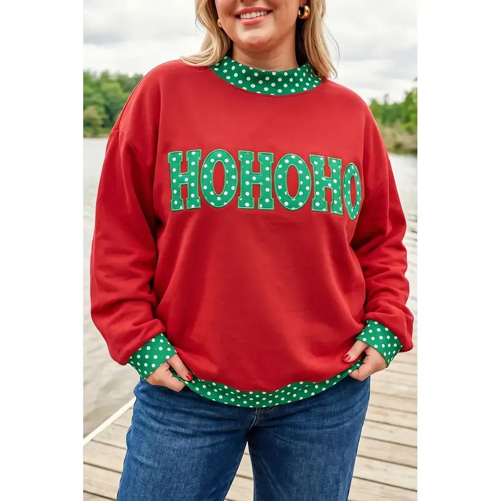 Fiery Red Casual Polka Dot Patchwork Letter Graphic Plus Size Sweatshirt