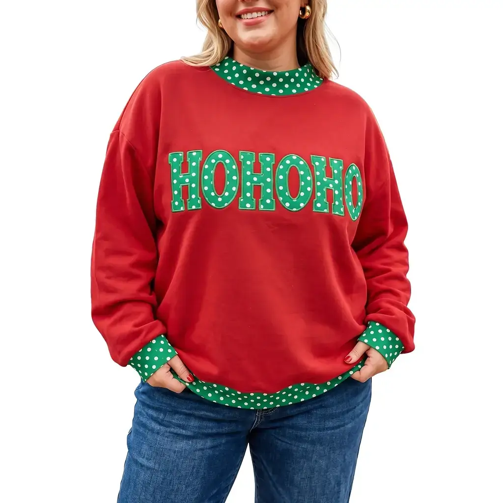 Fiery Red Casual Polka Dot Patchwork Letter Graphic Plus Size Sweatshirt - Image 11