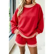 Fiery Red Gingham Trim Baggy Pullover 2pcs Short Set