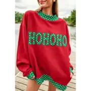 Fiery Red Polka Dot Letter Print Contrast Trim Mock Neck Sweatshirt
