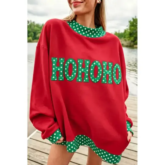 Fiery Red Polka Dot Letter Print Contrast Trim Mock Neck Sweatshirt