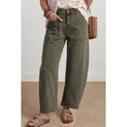 Four Leaf Clover Solid Color Square Patch Pocket Ankle-length Barrel Jeans