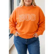 Grapefruit Orange Casual Polka Dot Patchwork Letter Graphic Plus Size Sweatshirt