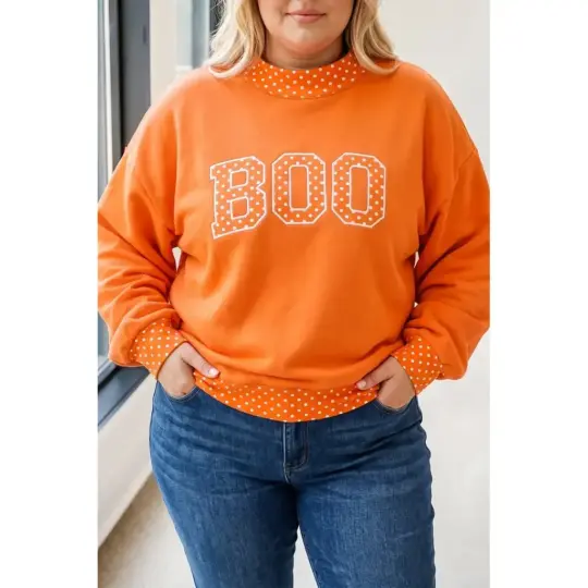 Grapefruit Orange Casual Polka Dot Patchwork Letter Graphic Plus Size Sweatshirt